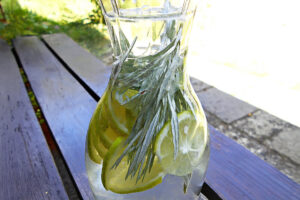 Bitter Lemon selber machen mit Wildkräutern: spritzig-herbes Sommergetränk mit Limette in der Karaffe