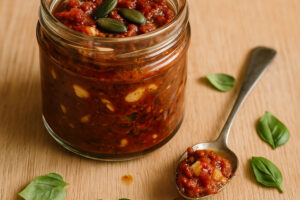 Rotes Pesto aus getrockneten Tomaten und Paranüssen im Glas