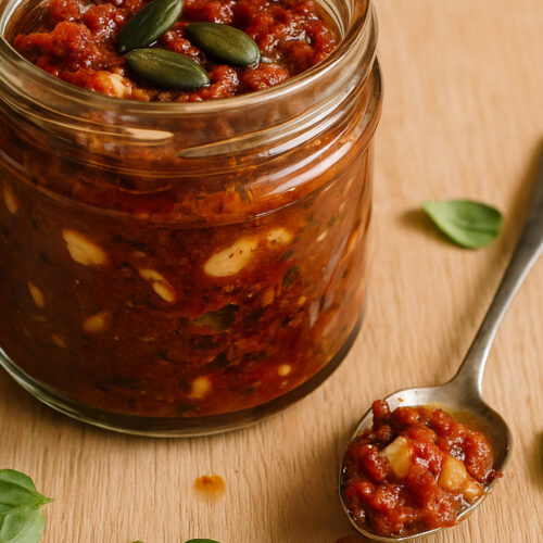 Rotes Pesto aus getrockneten Tomaten und Paranüssen im Glas