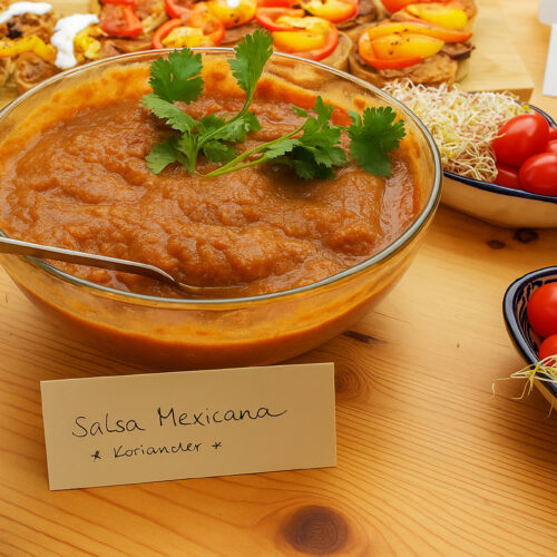 Salsa Mexicana in Glasschüssel mit frischem Koriander