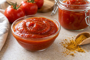 Startseite 11 Roher Curry-Ketchup aus Datteln und getrockneten Tomaten im Glas